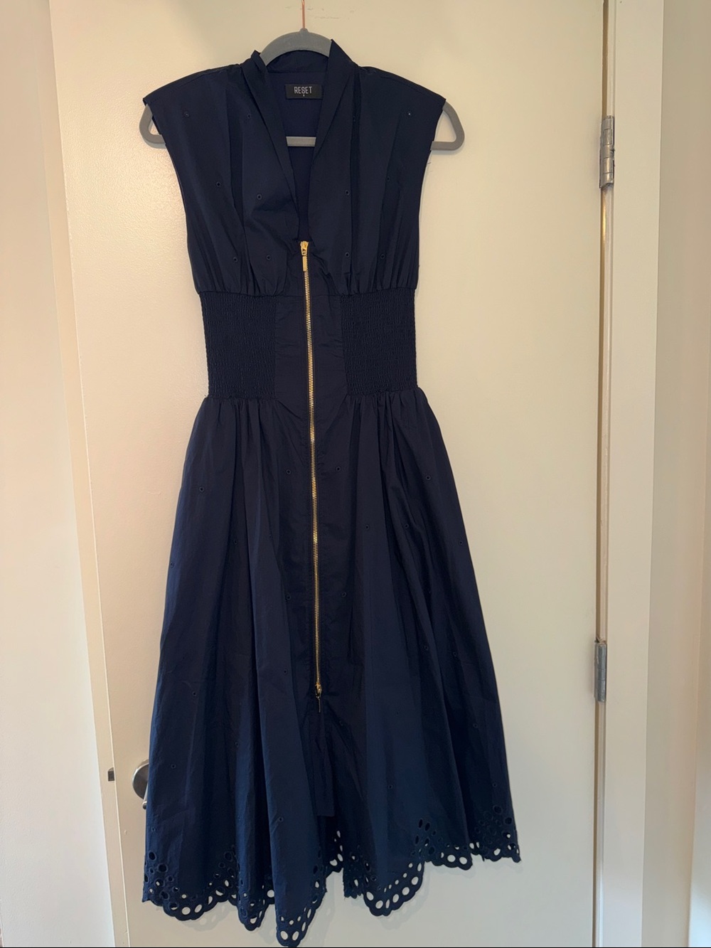 Navy Eyelet Midi Dress with Gold Zip by Reiss